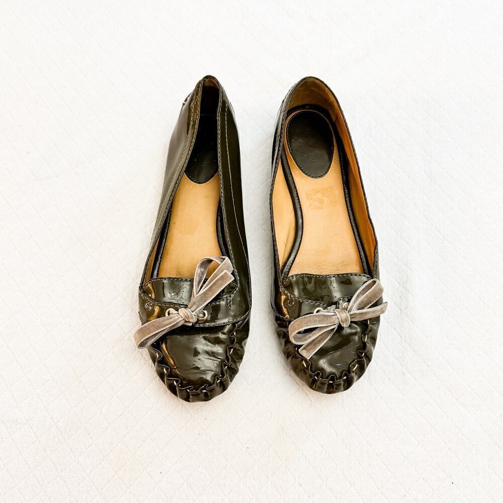 Kate Spade Green Patent Leather Loafer Suede Bow Round Toe Size 7